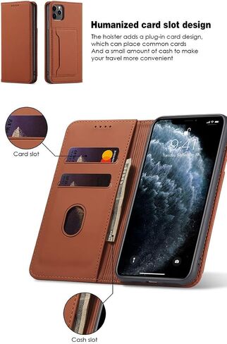Flip Leather Wallet Case Compatible with iPhone 13 Pro Max, Built-in Wallet, Card Holder, Magnetic Stand Function (Brown) in Saudi Arabia