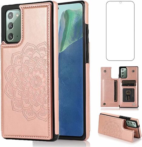 Design for Samsung Galaxy Note 20 5G Wallet Phone Case with Tempered Glass Screen Protector Credit Card Holder Slot, Leather Stand Kickstand Magnetic Back Flip Protective Cover Cases Rose gold in Kuwait