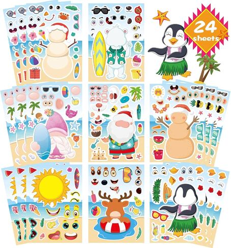 24 ورقة من الملصقات الصيفية، هاواي اصنع ملصقًا للوجه، اصنع بنفسك ملصقات كرتونية استوائية للشاطئ مزيج وتطابق ملصقات ألوها تيكي توتم هاواي شجرة جوز الهند الصيفية هدايا حفلات لوا in Kuwait