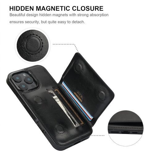 KIHUWEY متوافق مع حافظة محفظة iPhone 16 Pro Max وحامل بطاقات الائتمان، مسند من الجلد الفاخر بمشبك مغناطيسي مخفي وغطاء واقٍ متين مقاوم للصدمات مقاس 6.9 بوصة (أسود) in Saudi Arabia
