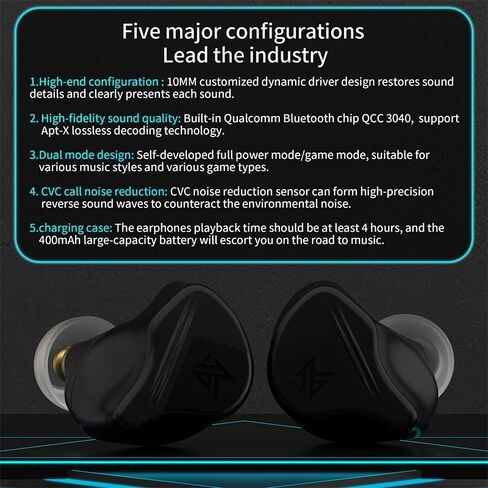 سماعات رأس / سماعة رأس KZ VXS Five Drivers HiFi Bluetooth لسماعات Audiphile، داخل الأذن TWS True Wireless Earbuds 1DD 4BA Aptx Long 25H تشغيل سماعات الألعاب الرياضية، إلغاء الضوضاء Smart Touch IEM Buds in Kuwait
