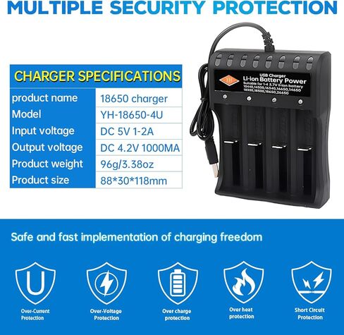18650 أربع فتحات شاحن بطارية ليثيوم أيون ذكي USB شحن سريع متوافق مع 10400 14500 16340 16650 14650 18350 18500 18650 26650 شاحن بطارية in Kuwait