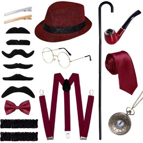 1920s Men Costume Accessories, 18 pcs Old Men Gangster Costume Set, Roaring Retro Mens Gatsby Accessories 1920s