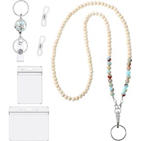 Teacher Lanyard with ID Holder Colorful Cute Wooden Beaded Lanyards for ID Badge Holders Retractable Badge Reel Keys Eyeglass Chains for Women