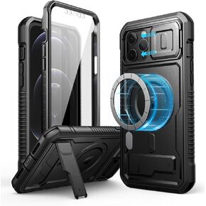 Dexnor for iPhone 12 Pro Max Case with Camera Cover [Compatible with MagSafe] [Built-in Screen Protector] Heavy-Duty Shockproof Full-Body Rugged Protective Magnetic Cover with Kickstand, Black