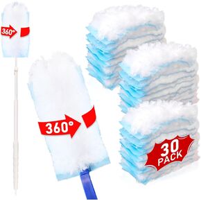Duster Refills, Multi Surface 360 Degree Dusters Refills & 2 Handle, Disposable Heavy Duty Dusters Refills for Cleaning (30 Count + 2 Handle, White&Blue)
