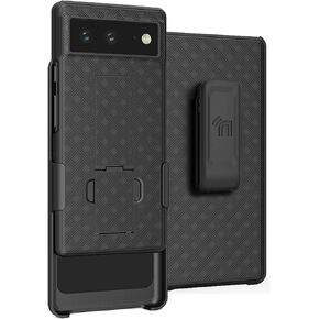 Case with Clip for Google Pixel 6, Nakedcellphone Slim Hard Shell Phone Cover with Kickstand and [Rotating/Ratchet] Belt Hip Holster Combination - Black Tread