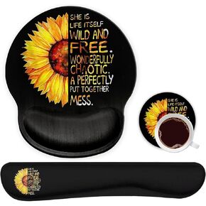 Ergonomic Mouse Pad Wrist Support Gel and Keyboard Wrist Rest Set for Laptop, Mac, Gaming and Office, Durable, Comfortable and Pain Relief + Coaster, Watercolor Sunflower