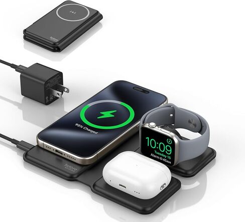 شاحن لاسلكي مغناطيسي لهاتف iPhone - قاعدة شحن 3 في 1 لأجهزة Apple، قاعدة شحن مغناطيسية للسفر لهاتف iPhone 15/14/13/12 Pro Max وApple Watch وAirPods 3/2/Pro-أسود in Saudi Arabia