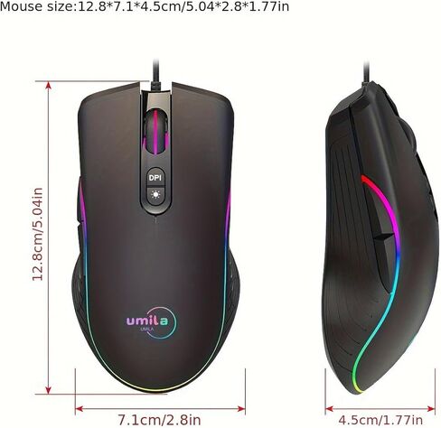 ماوس ألعاب UMILA PC مع أزرار جانبية، ماوس سلكي، أجهزة كمبيوتر محمولة ماوس RGB، قابل للتعديل 8000 نقطة في البوصة، متوافق مع أجهزة الكمبيوتر التي تعمل بنظام Windows، أسود in Kuwait