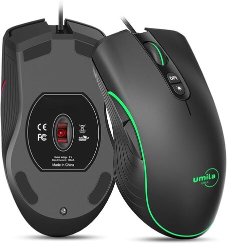 ماوس ألعاب UMILA PC مع أزرار جانبية، ماوس سلكي، أجهزة كمبيوتر محمولة ماوس RGB، قابل للتعديل 8000 نقطة في البوصة، متوافق مع أجهزة الكمبيوتر التي تعمل بنظام Windows، أسود in Kuwait