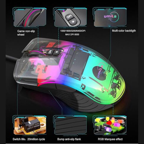 ماوس ألعاب UMILA PC مع أزرار جانبية، ماوس سلكي، أجهزة كمبيوتر محمولة ماوس RGB، قابل للتعديل 8000 نقطة في البوصة، متوافق مع أجهزة الكمبيوتر التي تعمل بنظام Windows، أسود in Kuwait