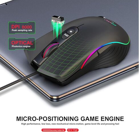 ماوس ألعاب UMILA PC مع أزرار جانبية، ماوس سلكي، أجهزة كمبيوتر محمولة ماوس RGB، قابل للتعديل 8000 نقطة في البوصة، متوافق مع أجهزة الكمبيوتر التي تعمل بنظام Windows، أسود in Kuwait