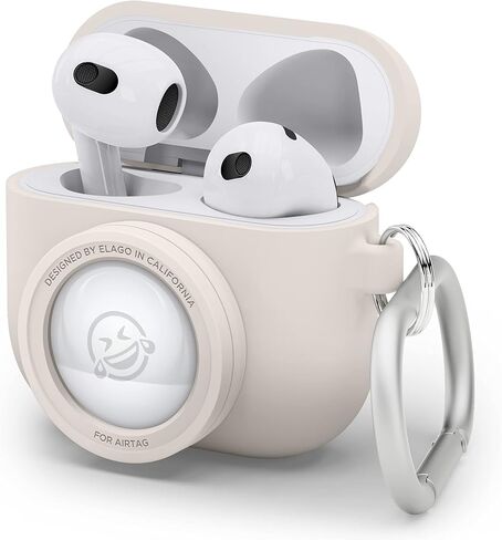 elago Snapshot Compatible with AirPod Case with AirTag Holder (AirPods 3) - Cute Camera Design with Keychain, Durable Silicone, Supports Wireless Charging - Tracking Device Not Included in Kuwait