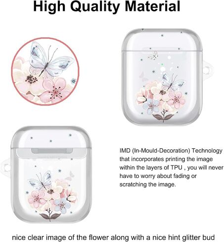 JAHOLAN Clear Case Cover Butterfly Cute Protective Soft Shockproof Cover with Keychain for Women Girls Compatible with AirPods 1st 2nd Generation Butterfly Flower Pink in Saudi Arabia