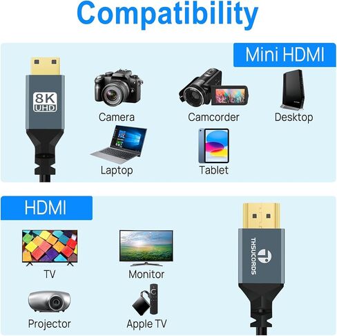 8K Right Angle Mini HDMI to HDMI Coiled Cable 3.3FT, 90 Degree HDMI to Mini HDMI Male to Male Spiral Cord, Support 8K@60Hz 4K@120Hz 48Gbps for Nikon, DSLR, Camcorder, Laptop, Tablet in Saudi Arabia