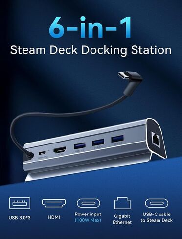 محطة إرساء متوافقة مع Steam Deck، قاعدة Steam Deck 6 في 1 مع HDMI 2.0 4K @ 60 هرتز، جيجابت إيثرنت، 3 منافذ USB-A 3.0 ومنفذ شحن USB-C كامل السرعة متوافق مع منصة Steam Steam in Saudi Arabia