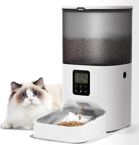 Automatic Cat Feeder, 4L Cat Food Dispenser with Timer Interactive Voice Recorder, Auto Cat Feeder with Desiccant Bag 1-8 Meals Dry Food, White Translucent in Kuwait