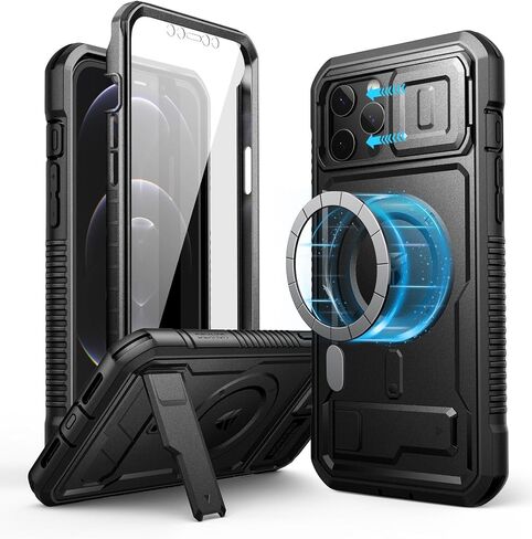 حافظة Dexnor لهاتف iPhone 12 Pro Max مع غطاء كاميرا [متوافقة مع MagSafe] [واقي شاشة مدمج] غطاء مغناطيسي متين مقاوم للصدمات لكامل الجسم مع مسند، أسود in Kuwait