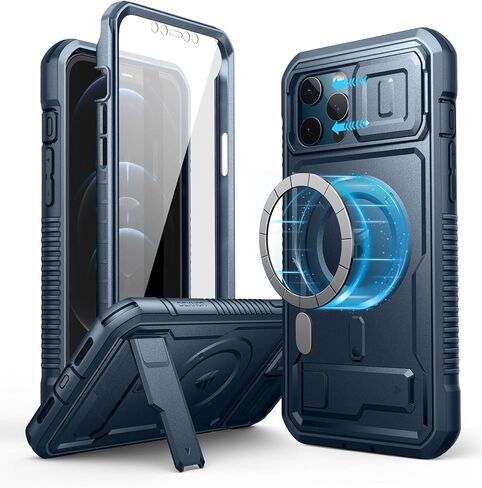 حافظة Dexnor لهاتف iPhone 12 Pro Max مع غطاء كاميرا [متوافقة مع MagSafe] [واقي شاشة مدمج] غطاء مغناطيسي متين مقاوم للصدمات لكامل الجسم مع مسند، أسود in Kuwait