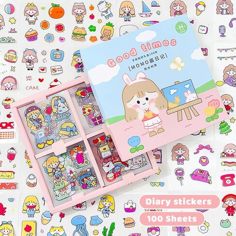 Diary 400PCS/100Sheets Cartoon Stickers, Transparent PET Scrapbooking Clipping Supplies Decals, Cute, Kawaii, Unisex Fun, Creative, Colorful, DIY Craft, Planner Stickers for Kids, Teens Gifts in Saudi Arabia