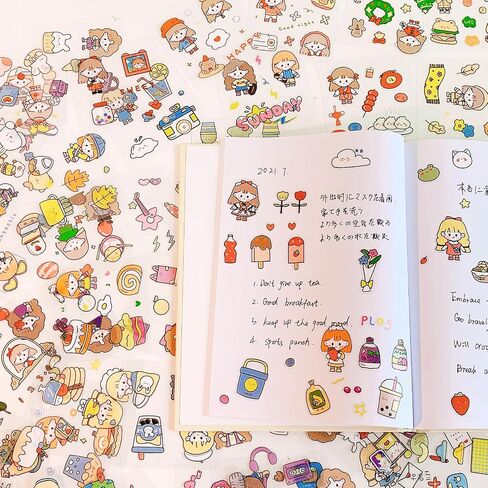 Diary 400PCS/100Sheets Cartoon Stickers, Transparent PET Scrapbooking Clipping Supplies Decals, Cute, Kawaii, Unisex Fun, Creative, Colorful, DIY Craft, Planner Stickers for Kids, Teens Gifts in Saudi Arabia