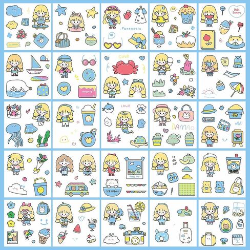 Diary 400PCS/100Sheets Cartoon Stickers, Transparent PET Scrapbooking Clipping Supplies Decals, Cute, Kawaii, Unisex Fun, Creative, Colorful, DIY Craft, Planner Stickers for Kids, Teens Gifts in Saudi Arabia