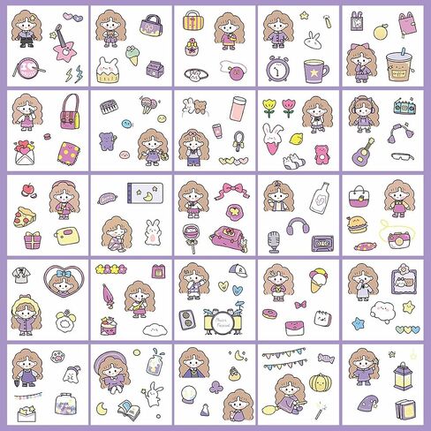 Diary 400PCS/100Sheets Cartoon Stickers, Transparent PET Scrapbooking Clipping Supplies Decals, Cute, Kawaii, Unisex Fun, Creative, Colorful, DIY Craft, Planner Stickers for Kids, Teens Gifts in Saudi Arabia