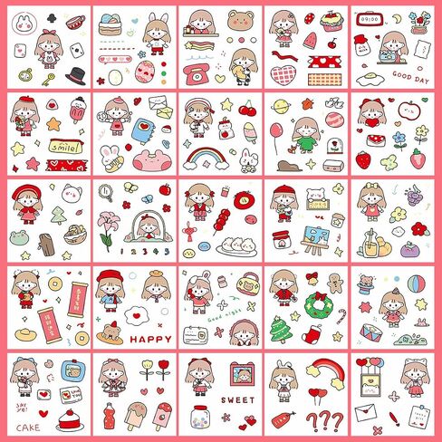 Diary 400PCS/100Sheets Cartoon Stickers, Transparent PET Scrapbooking Clipping Supplies Decals, Cute, Kawaii, Unisex Fun, Creative, Colorful, DIY Craft, Planner Stickers for Kids, Teens Gifts in Saudi Arabia