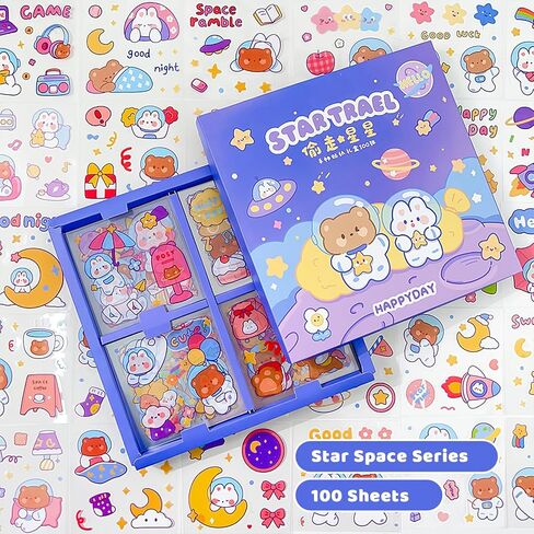 Diary 400PCS/100Sheets Cartoon Stickers, Transparent PET Scrapbooking Clipping Supplies Decals, Cute, Kawaii, Unisex Fun, Creative, Colorful, DIY Craft, Planner Stickers for Kids, Teens Gifts in Saudi Arabia
