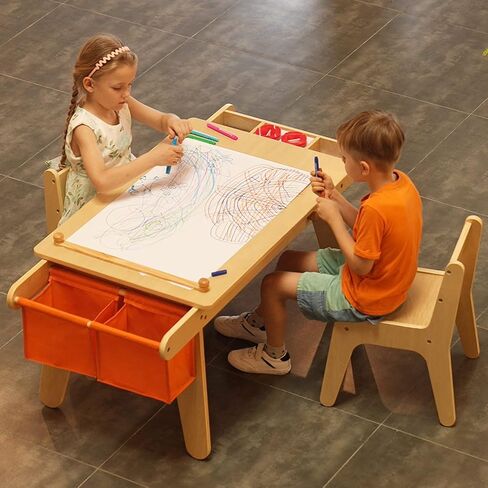 MEEDEN Kids Table and Chair Set, Kids Art Table with 2 Stools, Storage Bag & Paper Roll, Kids Desk & Chair Set, Craft Table and Chairs for Toddlers, Toddler Wooden Table,[50''L×23.6''W×22.5''H] in Saudi Arabia