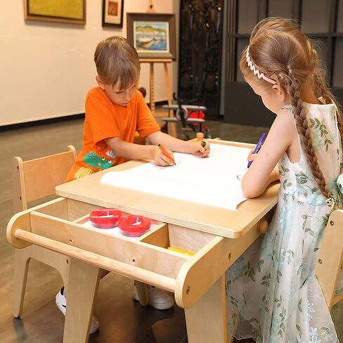 MEEDEN Kids Table and Chair Set, Kids Art Table with 2 Stools, Storage Bag & Paper Roll, Kids Desk & Chair Set, Craft Table and Chairs for Toddlers, Toddler Wooden Table,[50''L×23.6''W×22.5''H] in Saudi Arabia