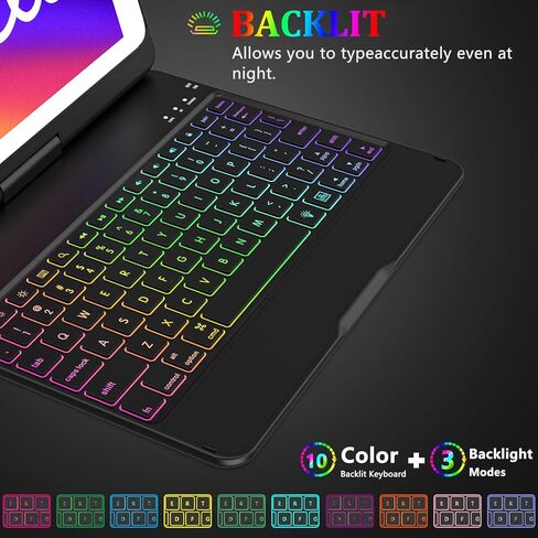 HZD Keyboard Case for iPad 5th/6th Gen 2017/2018 - iPad Air 2/1 iPad Case with Keyboard, 360 Screen Rotation - Wireless/BT - Backlit 10 Color Keyboard Case for iPad Pro 9.7, Auto Sleep/Wake - Black in Kuwait