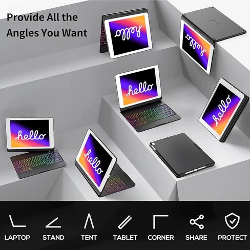 HZD Keyboard Case for iPad 5th/6th Gen 2017/2018 - iPad Air 2/1 iPad Case with Keyboard, 360 Screen Rotation - Wireless/BT - Backlit 10 Color Keyboard Case for iPad Pro 9.7, Auto Sleep/Wake - Black in Kuwait