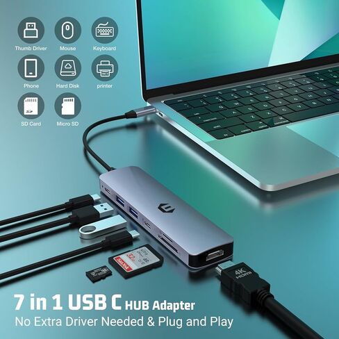 محور USB C، محور USB 3.0، قاعدة توصيل محول USB، مركز بيانات محمول رفيع للغاية، محور USB C 7 في 1 مع HDMI 4K، 100 وات PD، 2 USB 3.0 5 جيجابت في الثانية ومنفذ بيانات USB C 3.0، قارئ بطاقة SD/TF، ​​متوافق مع Windows in Kuwait