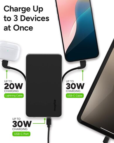 Mophie Powerstation Plus 10,000mAh Power Bank - Has Integrated USB-C and Lightning Cables, Fast Charging for Smartphones, Tablets, and iPhones in Saudi Arabia