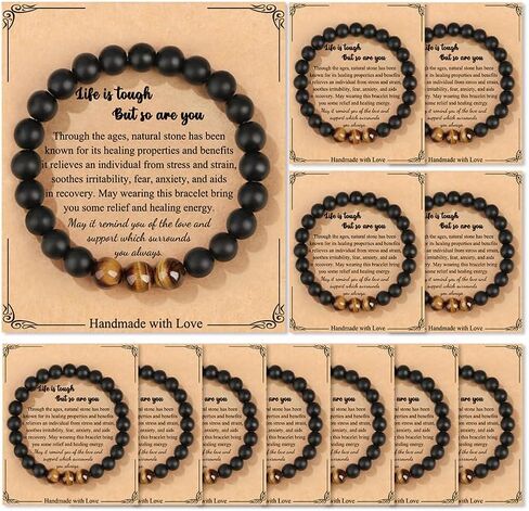12 Pcs Black Beaded Bracelet Set Natural Healing Stone Stretch Bulk Bracelet for Men Lava Rock Bracelets for Men Stone Jewelry Gifts for Christmas Birthday in Saudi Arabia