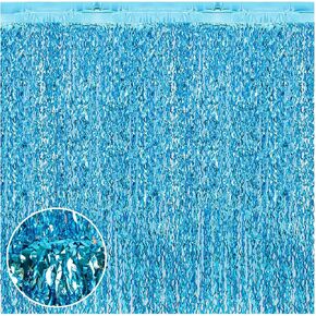 4 Pack Wavy Foil Curtain Backdrop Teal Blue Metallic Tinsel Foil Fringe Curtain for Shark Birthday Under The Sea Party Mermaid Birthday Winter Theme Ice and Snow Photobooth Props