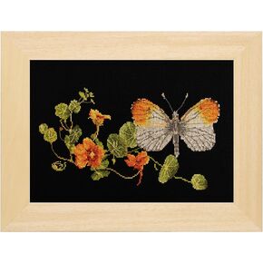 Thea Gouverneur - Counted Cross Stitch Kit - Butterfly-Nasturtium - Aida - 18 Count - Embroidery Kit for Adults - DMC Embroidery Threads and Other Cross Stitch Supplies Included - 437A