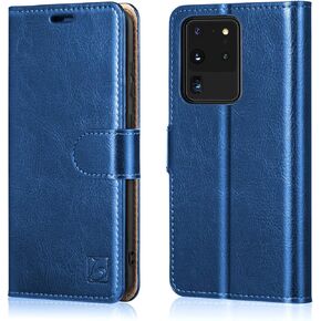 Belemay Galaxy S20 Wallet Case, Cowhide Genuine Leather Folio [RFID Blocking] Card Holder Protective Shockproof Flip Cover, Kickstand Magnetic Closure Fit for Samsung Galaxy S20 5G (6.2 inch), Blue
