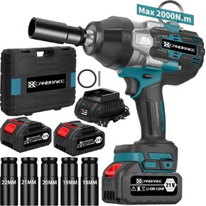 2000Nm 1/2" Cordless Impact Wrench, 21V Heavy Duty Impact Gun with 2 x 4.0Ah Battery & 5 Sockets, 1500ft-lbs Brushless Electric Pistola Llave de Impacto 3 Variable Speeds for Truck Mower Car