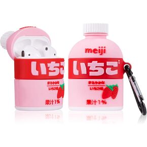 Mulafnxal for Airpod 1&2 Case, Cute Cartoon Unique Silicone Air pods Cover, 3D Funny Kawaii Fashion Fun Cool Keychain Design Stylish Soft Skin Cases Women Girls Teens for Airpods (Strawberry Juice)