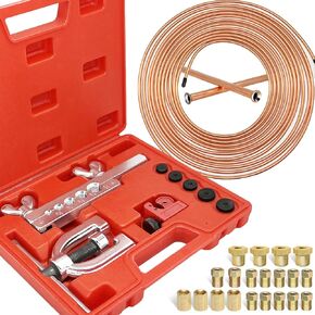 AOFCRELI Brake Line Flaring Tool Kit with 3/16" X 25' Brake Line Kit Includes Copper Coated Brake Line Tube, Tube Cutter, Fittings and Yoke for Double & Single Flares
