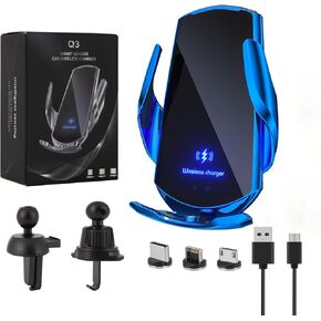 Wireless Car Charger Phone Mount Car Phone Holder Mount Wireless Charging 15W Fast Charging Auto-Clamping Car Mount Air Vent Charging Car Phone Holder for Android Smartphone(Blue)