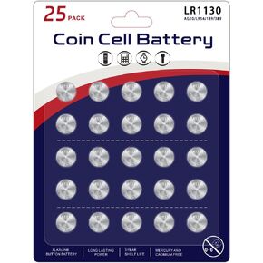 25Pack LR1130 Battery AG10 Battery l1131f Battery l1131c SG10 389 189 LR54 V10GA Battery —[High Capacity] Premium Alkaline 1.5V Button Coin Cell Batteries