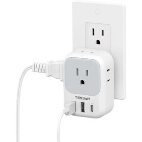 شاحن حائط USB، مقسم منفذ TESSAN مع 4 منافذ تيار متردد و3 USB (2 كتل USB C)، محطة شحن متعددة المقابس للرحلات البحرية والمنزل والمكتب وأساسيات غرفة النوم