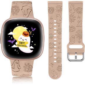 W-RAAR Halloween Engraved Watch Band Compatible with Fitbit Versa 4/Versa 3/Sense 2/Sense Women Men, Soft Silicone Cute Cobweb Ghost Pumpkin Pattern Sport Designer Festive Wristband
