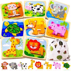 Wooden Puzzle for Toddler 1-3, 8 Pcs Toddler Puzzle Ages 2-4, Baby Animal Puzzle for Toddler, Montessori Puzzles Toys for 1 2 3 Year Old Boy Girl, Learning Preschool Educational Puzzle Toy