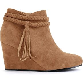 Fashare Womens Wedge Ankle Boots Braided Fringe Strap Western Heeled Winter Booties Dress Shoes,Suede Brown, Size 8