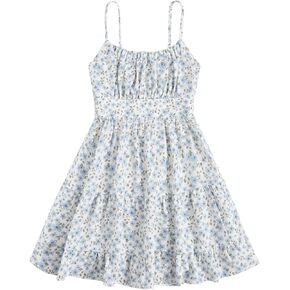 SweatyRocks Girl's Spaghetti Strap Ruched Cami Dress Floral Print Ruffle Flared Mini Dresses Dusty Blue 13 Years